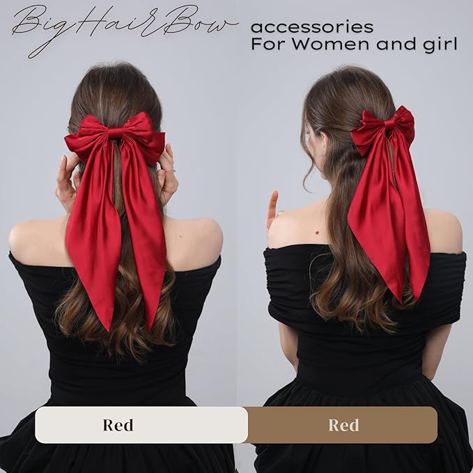 2PCS Big Hair Bow Clips for Women Girls Ã¢ÂÂ Red Satin Ribbon Bow Barrettes with Long Tails, Large Hair Accessories for Ponytail, Holiday, Party & Date Night