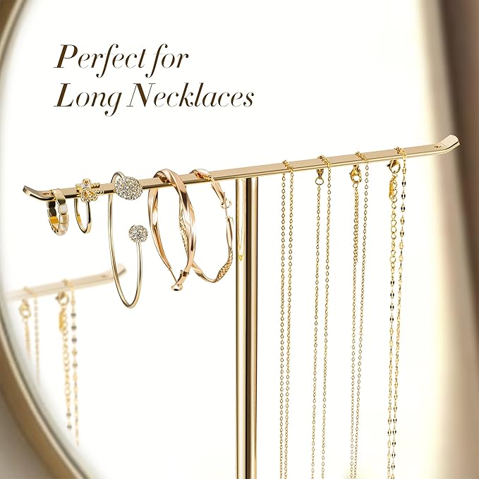 Jewelry Holder Stand with Ceramic Base: 12" Tall Necklace Organizer Rack, Tree Design Display Storage for Necklaces, Bracelets, Rings, Earrings, Aesthetic Room Décor for Girls and Women, Gold