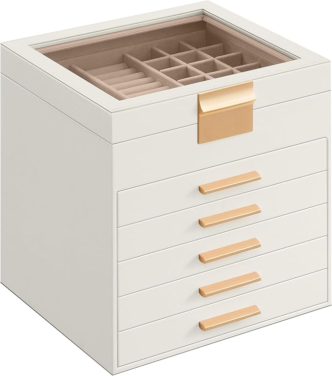 SONGMICS GISELLA Collection - Jewelry Box Organizer, 6-Layer Jewelry Storage with 5 Drawers, Shiny Metal Hardware, Glass Lid, Modern, 8 x 9.1 x 9 Inches, Cloud White and Gold Color UJBC176W01