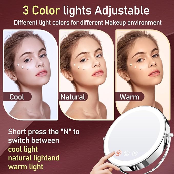 Vanity Mirror with Lights, 9'' Lighted Makeup Mirror, 1X/20X Double Sided Magnifying Mirror, 5000mAh Rechargeable, 3 Color Dimmable LED, 360° Rotation Desk Mirror for Makeup & Skincare