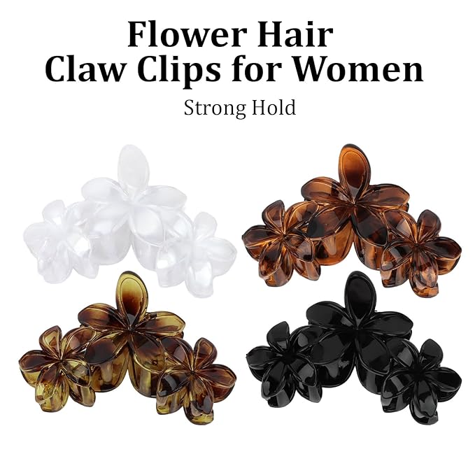 4Pcs Flower Hair Clips Large Matte Hair Claw for Women Non-Slip Strong Hold Clips for Thick Hair, Hair Accessories，Black，White，Leopard