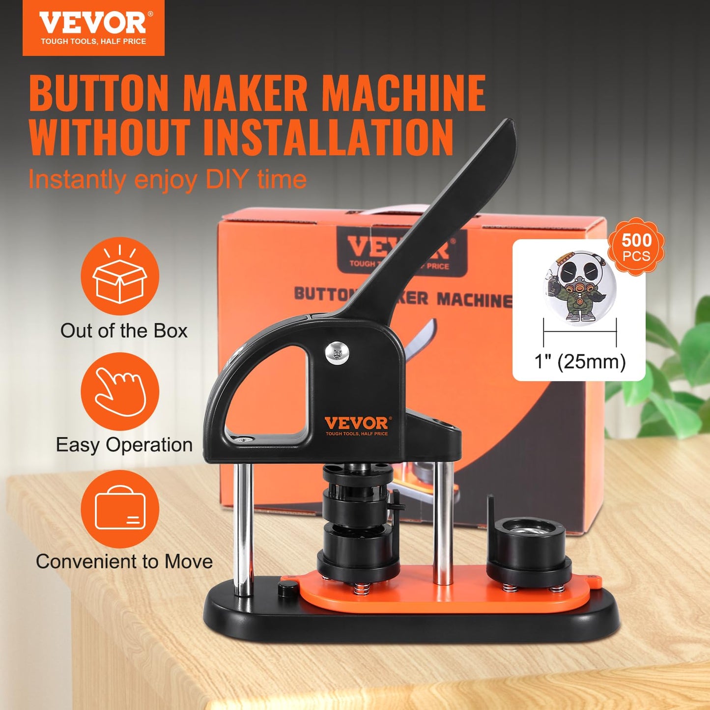 VEVOR Button Maker Machine, 25mm/1 inch Button Maker with 500pcs Button Parts, Ergonomic Arc Handle Punch Press Kit, Pin Maker with Panda Magic Book, for Children DIY Gifts and Christmas