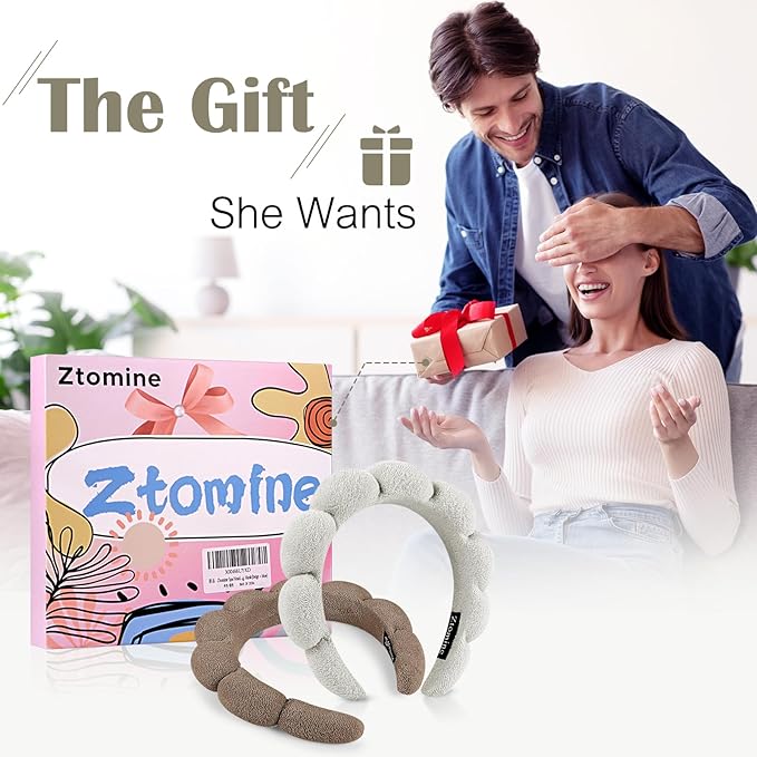 Ztomine Face Wash Headbands, Set of 2 - Terry Cloth Spa Headbands for Washing Face or Facial, Dark Khaki + Cement Ash