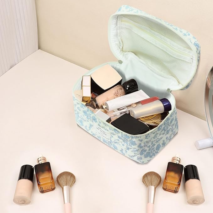 Large Makeup Bag, Cute Cosmetic Bag for Women Girls, Floral Coquette Aesthetic Toiletry Bag, Travel Make Up Organizer Bag (Green Dog Print