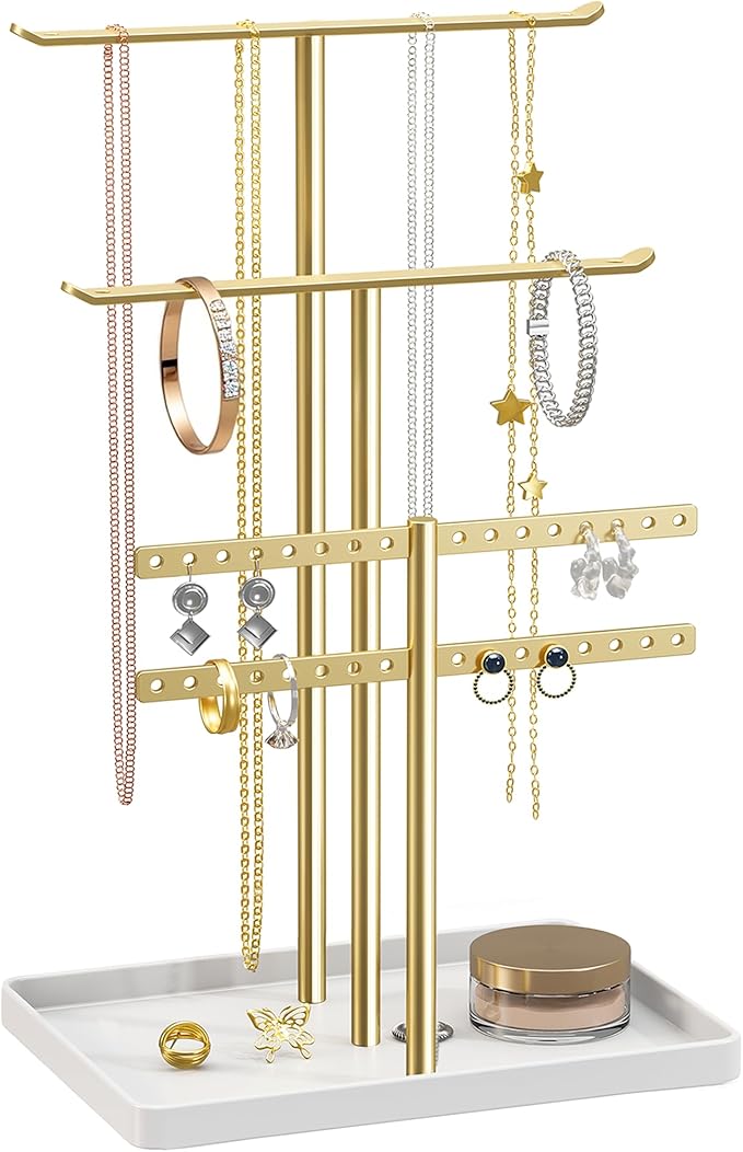 pickpiff Gold Jewelry Stand Holder Organizer: 12.5" Sturdy Hanger for 80 Pcs Jewelry, Jewlery Tower for Display Necklace, Earring, Bracelet, Watch
