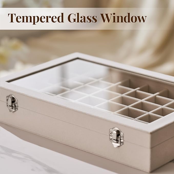 48 Grid Earring Organizer and Storage: Velvet Jewelry Tray with Lid, Jewelry Box for Studs, Earrings, Rings, Necklaces, Dresser & Vanity, Earrings Case for Girls, Women, 13"x8.6"x2.4", Beige