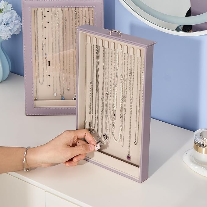 Lolalet Necklace Organizer Box, Jewelry Storage Box with Clear Window for Necklaces Bracelets, Tangle-Free Necklace Display Case for Women Girls -Dusty Purple, 2 Layers 20 Hooks