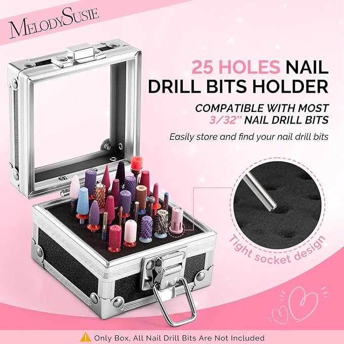 MelodySusie Nail Drill Bits Holder, 25 Holes Case, Portable Dustproof Displayer Organizer Container, Nail Tech Professional Nail Art Tool, Travel Salon Home, Black (Drill Bits Not Included)