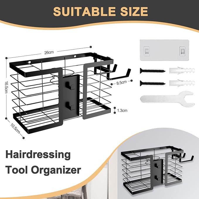 FUNKYLEE Hair Tool Organizer Hair Dryer Holder, 3 in 1 Metal Bathroom Blow Dryer Organizer Wall Mount for Flat Iron, Curling Iron, Straightener, Styling Tools Storage and Organizer (Black)-2pcs