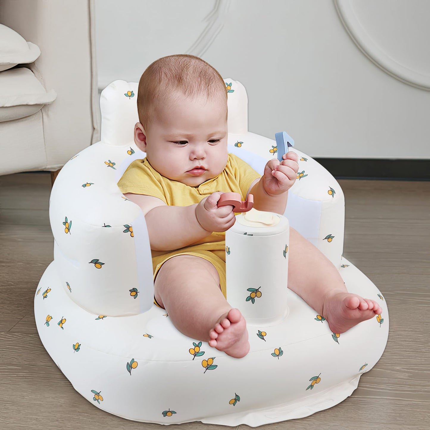EKEPE Inflatable Baby Seat for Babies 3 Months & Up, Baby Floor Seats for Sitting Up, Baby Seats for Infants, Blow Up Baby Chair with Built in Air Pump - Olive Flower