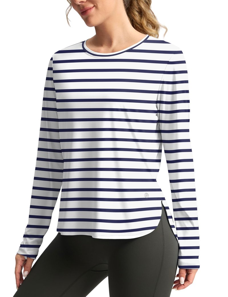 Women's Sun Shirts UPF 50+ Long Sleeve UV Protection Shirt Lightweight Quick Dry Workout Hiking Tops for Women(White/Deep Sea Stripe,XS)