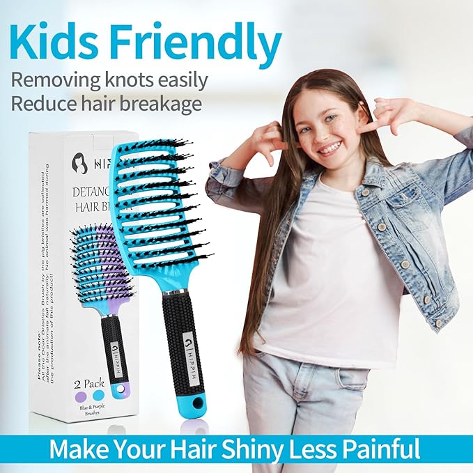 HIPPIH 2 Pack Boar Bristle Hair Brush, Wet & Dry No Pull Curved Vented Hair Brush, Styling Magical Brush Detangler for Kids & Men, Hairbrush for Women Can Adds Shine & Smooth Curly Thick Hair