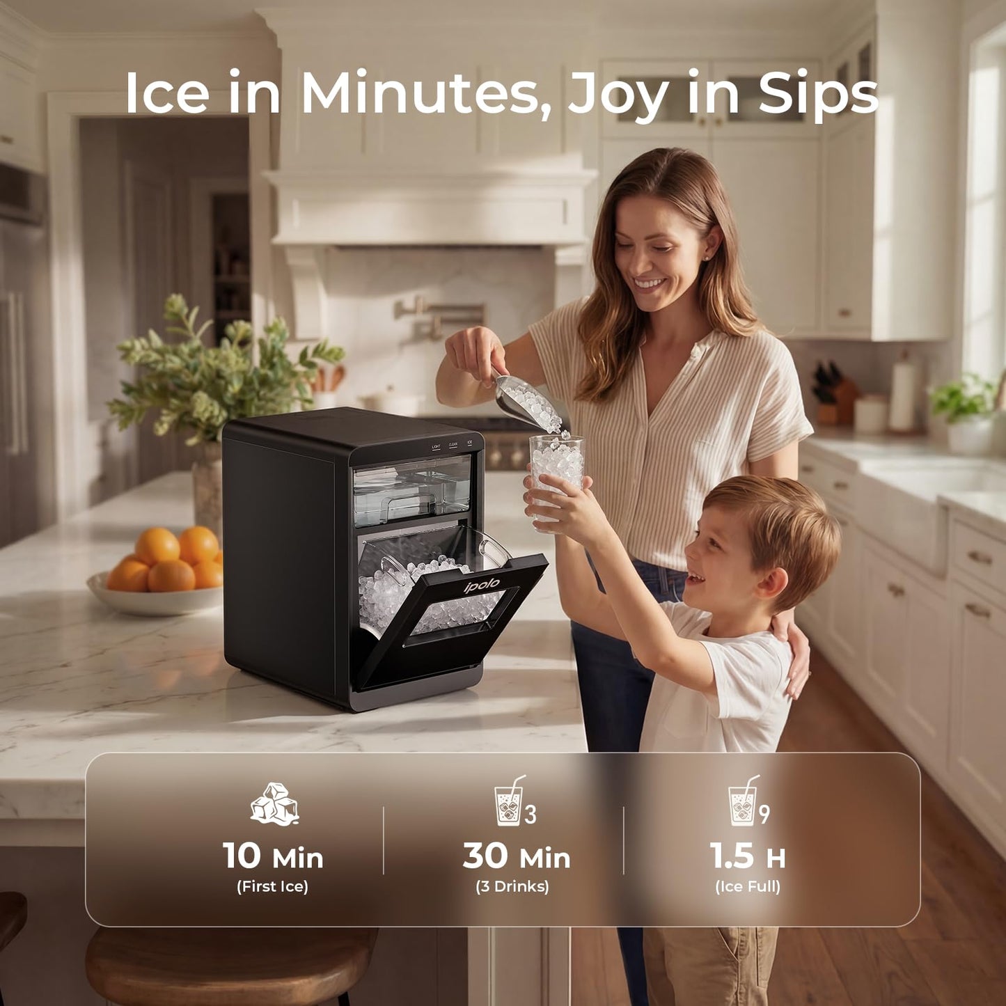 ipolo Nugget Ice Maker Countertop: 44lb/Day, Self-Cleaning, Black Stainless Steel, Portable, Soft Chewable Pebble Ice Machine for Home Kitchen, RV & Office