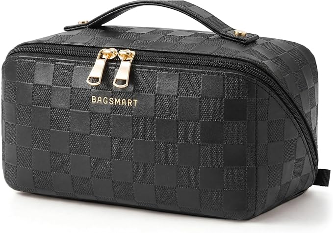 BAGSMART Makeup Bag Travel Cosmetic Bag, Large Make Up Bag Flat Open Toiletry Bag for Women, PU Leather Travel Essentials Organizer Case, Wide-open Pouch for Skincare, Brushes, Black Checkerboard