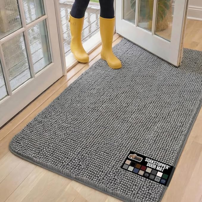 GORILLA GRIP SoakSTOPPER Dog Door Mat, 60x36 Machine Washable Rug Absorbent Doormat Captures Moisture Mud Dirt, Quick Dry Soft Chenille Entryway Rugs Indoor Entrance Mats for Dog Paws, Grey