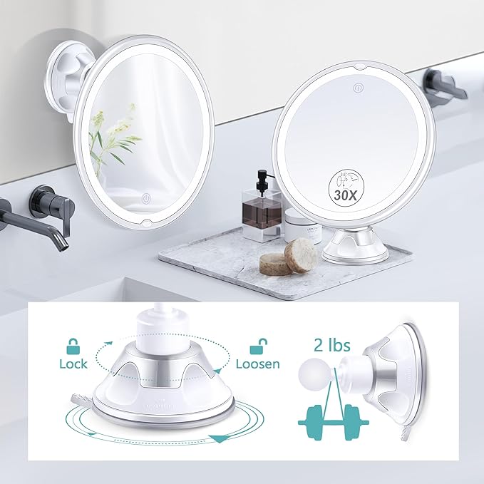 Lighted Makeup Mirror with 30X Magnification, 30X Magnifying Mirror Suction Cup with Light, 3 Color Modes and Adjustable Brightness, 360°Swivel Magnifying Mirrors with Light for Vanity 1500mAh
