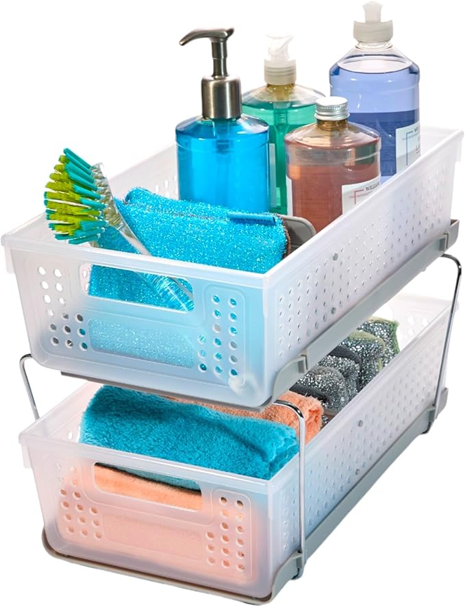madesmart 2 Tier Bath Organizer,Undersink Storage with Sliding Drawers,for Cleaning Supplies,Pantry,Sponges,Bottles&Kitchen Essentials,Adjustable Dividers&Pull Out Sliding Baskets,Frost,(Pack of 2)