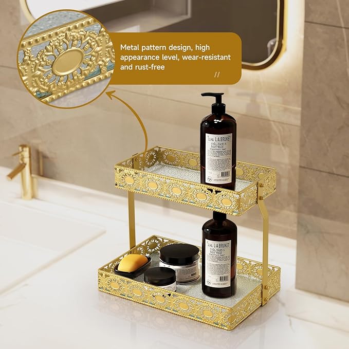 xiaojuande-Two Layer Glass Storage Tray with Portable Dressing Table Skin Care Product Organization Rack Corner Storage Rack for Bathroom Counter High-end Light Luxury Display Plate - Gold (Gold)