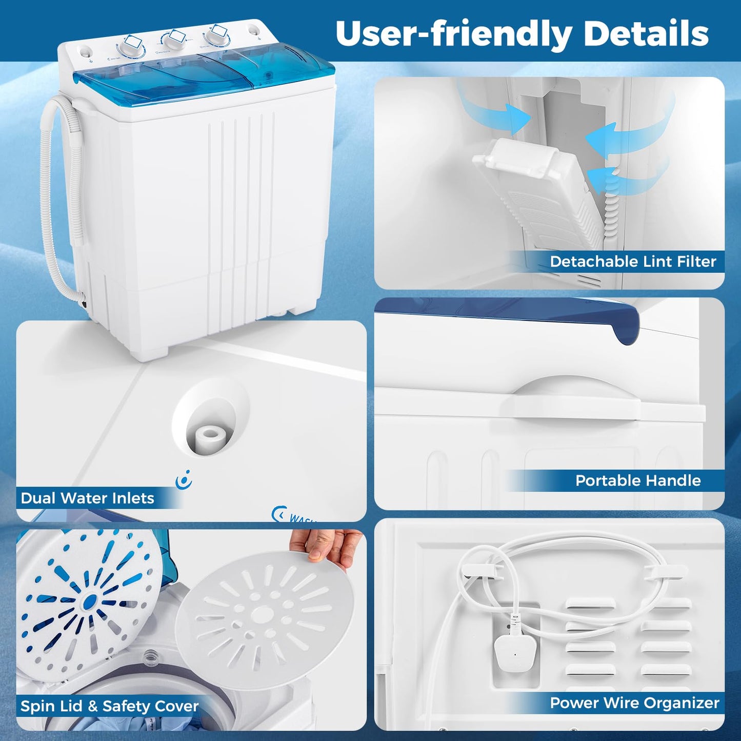 COSTWAY Portable Washing Machine, Twin Tub 20 Lbs Capacity with Drain Pump, Laundry Washer 12 Lbs and Spinner 8 Lbs with Timer Control, Perfect for Apartment Dorm RV, Blue+White