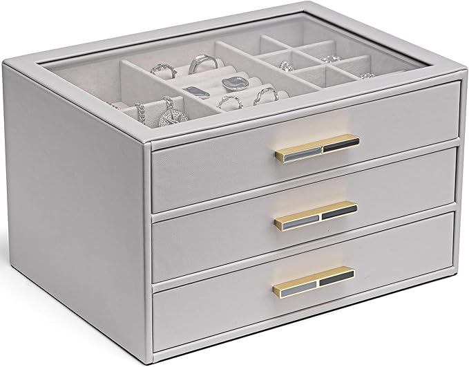 Vlando Jewelry Box for Women, Glass Lid Jewelry Organizer with 3 Drawers for Necklaces Rings Earrings Bracelets - Grey