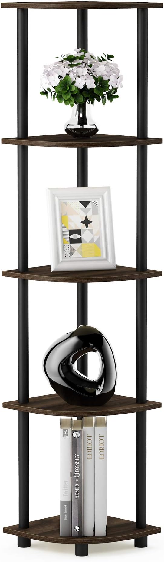 Furinno TURN-N-TUBE Corner Shelf, 5-Tier Corner Bookshelf, Open Storage Shelves, for Organization and Storage, Living Room, Home Office, Garage, Bedroom, Columbia Walnut