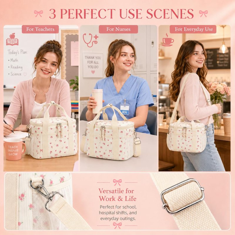 BTOOP Insulated Lunch Box for Women, Cute Leakproof Lunch Tote, Large Capacity Aesthetic Lunch Bag Girls with Shoulder Strap for Work, School, Picnic Pink Bow Floral