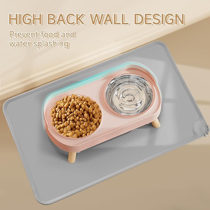 Elevated Cat Bowl with Food Mat, Raised Cat Food and Water Bowl Set for Indoor Cats, Splash Proof with 2 Stainless Steel Pet Food Bowls for Cats and Puppies,Whisker Fatigue and Dishwasher Safe (Pink)