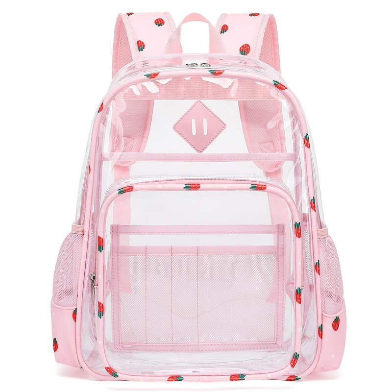 Xunteny Clear Backpack for Girls Women School Bookbag Heavy Duty Transparent Backpacks (Pink Corduroy Strawberry)