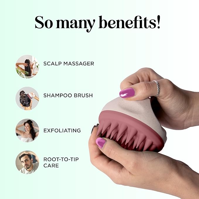 Hair Shampoo Brush and Scalp Exfoliator - Soft Silicone Scalp Massager Hair Growth Stimulator for Wet or Dry Hair - In Shower Scalp Scrubber for Dandruff Removal Made with Recycled Wheat Straw - Pink