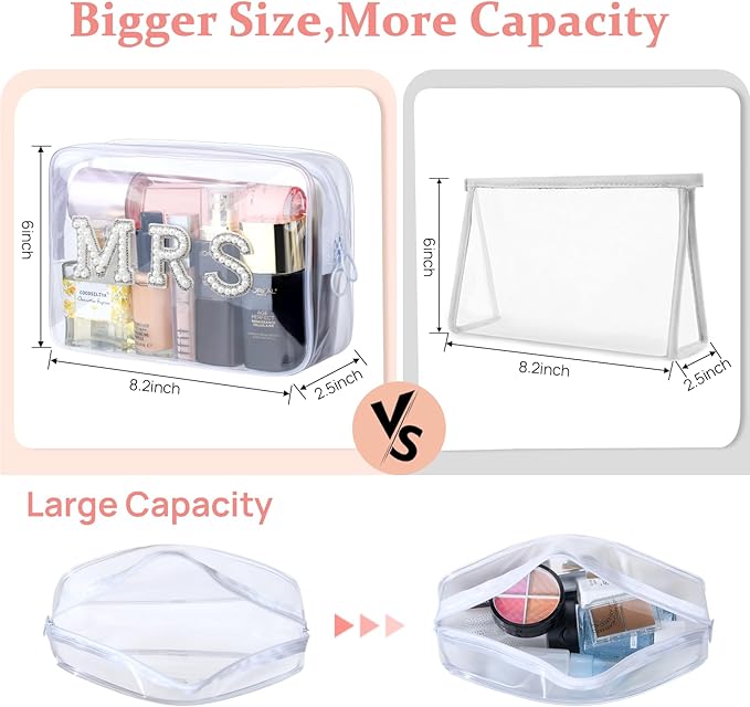 Etercycle MRS Clear Cosmetic Bag, Bachelorette Gifts for Bride Makeup Bag, Portable PVC Travel Toiletry Bag Bling Pearl Rhinestone Patch Letter Bags for Engagement Bachelorette Party Wedding (Silver)