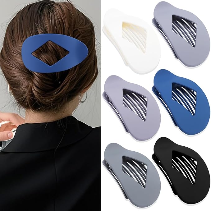 Large Flat Round Hair Clips Oval Claw Clips for Thick Medium Thin Hair 6Pcs Non Slip Strong Hold Barrettes Duckbill Accessories for Women Girls Matte Solid Color Grey Blue