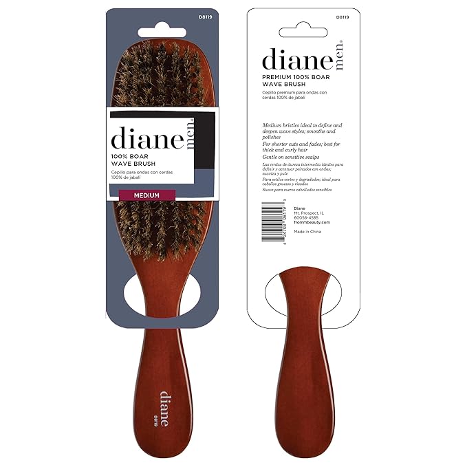 Diane Premium 100% Boar Wave Brush for Men and Barbers , Mens Hair Brush– Medium Bristles for Thick Coarse Hair – Use for Detangling, Smoothing, Wave Styles, Soft on Scalp, Restore Shine and Texture