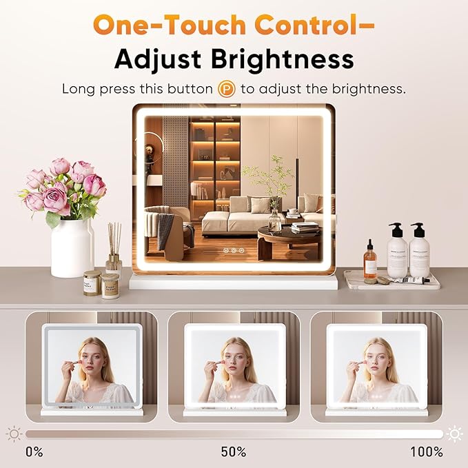 DUMOS 19"x22" LED Vanity Mirror with Lights, Dimmable 3 Color Modes Makeup Mirror with Memory Function, USB Charging, Aluminum Frame, Lighted Mirror for Desk or Bedroom