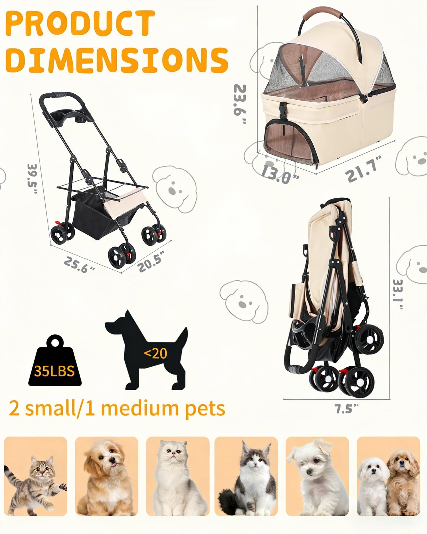 Pet Stroller with Removable Carrier, 35lbs Capacity - One-Click Foldable Dog Stroller, Cat Carrier & All-Terrain Wheels, Compact Travel Pet Stroller for Small to Medium Pets-Khaki