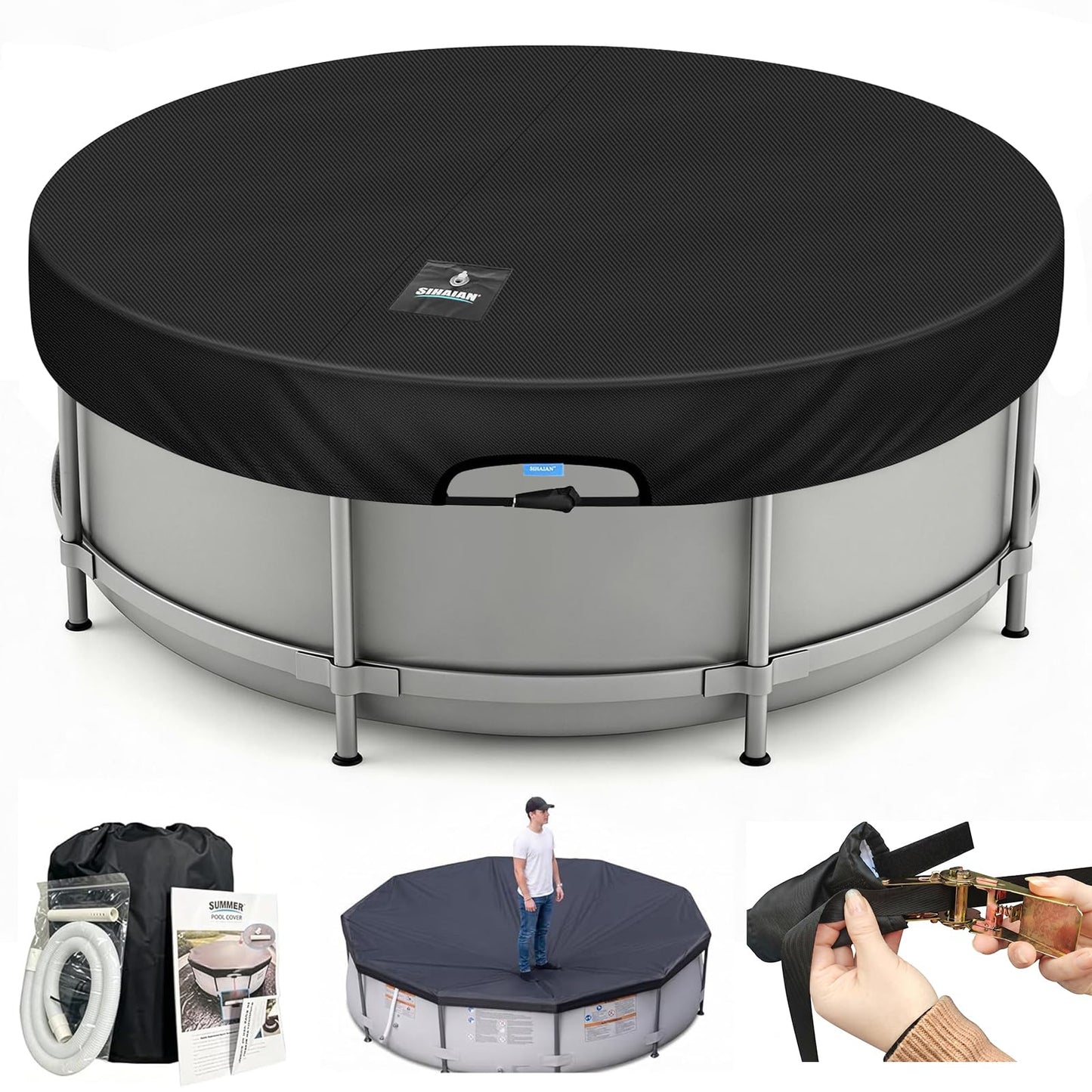 SIHAIAN 8 Ft Round Pool Cover, with Automatic Drain Stock Tank Pool Cover, Patented One-Piece Tensioning System Above Ground Pool Cover, Preventing Waterlogging, Yarn-Dyed Oxford Fabric Solar Cover