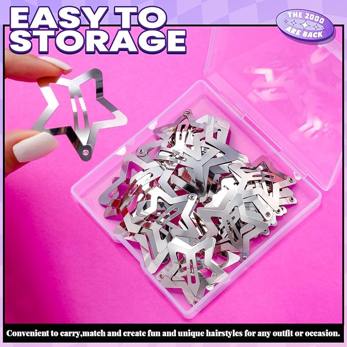 YGDZ Star Hair Clips and Barrettes Set - 20 pcs 1.22" Y2K Hair Accessories, 10 pcs 1.61" Silver Clips for Girls Women, Rave Accessories, Non-Slip Metal Snap Hair Clips