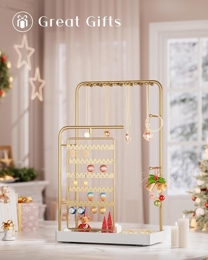 ProCase Jewelry Stand Holder Organizer, Jewelry Display Storage with Ring Tray, No-Assembly, Rotating Earring Bracelet Necklace Holder,Valentine's Gifts Room Dorm Decor for Teen Girls -Gold