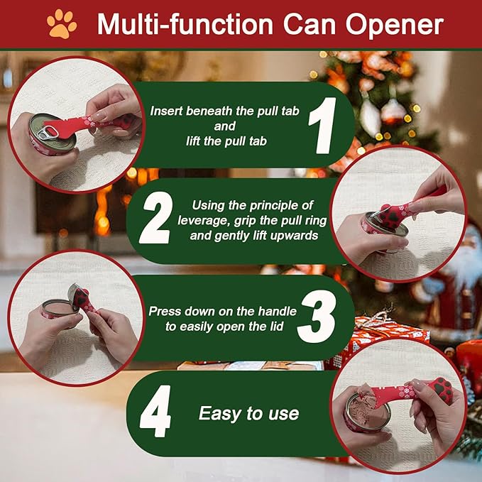 SJANE Cat Food Can Spoons & Lids | 4 Pcs Christmas Style Gifts | Multi-Function Tin Opener | Silicone Pet Food Can Covers | Stainless Steel Wet Foodstuff Spoon for Cats and Dogs(Christmas Red)