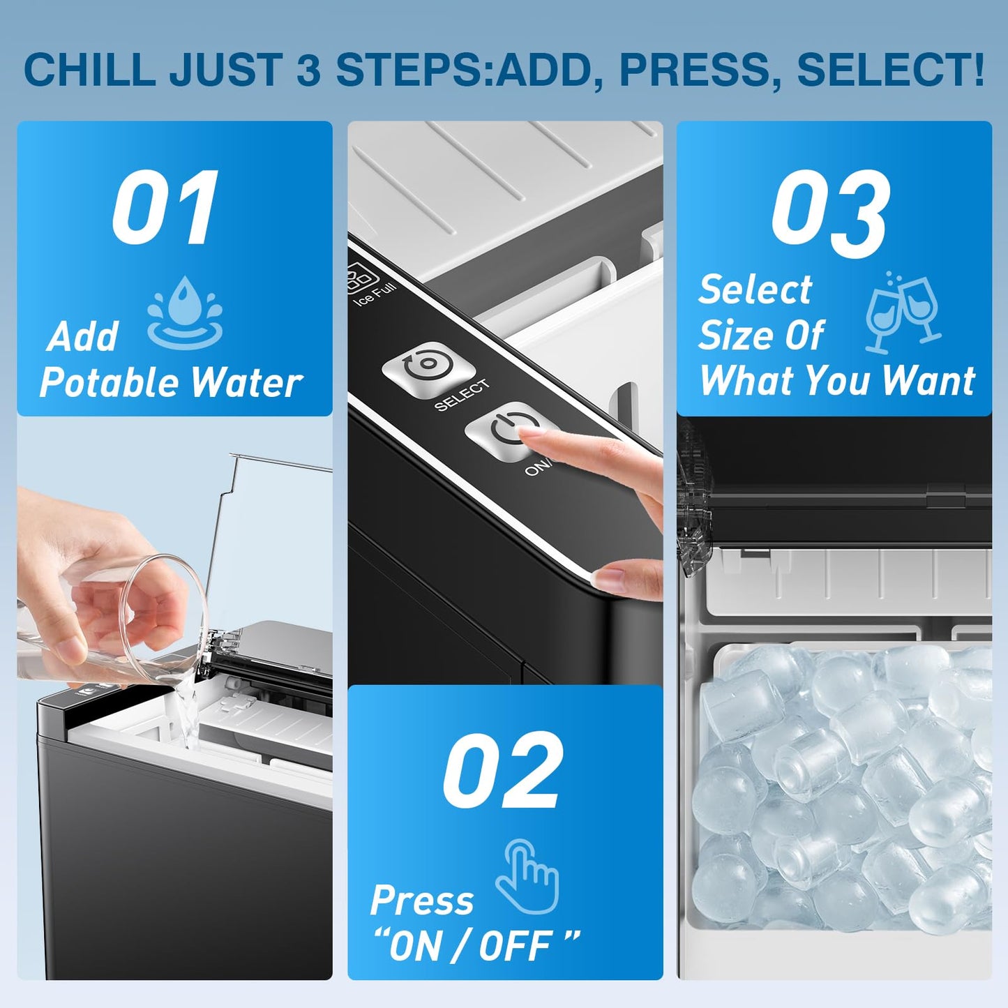 Ice Makers Countertop, 9 Ice Cubes in 6 Mins Portable Ice Maker, 2 Sizes of Bullet Ice (S/L) Small Ice Machine for Home Kitchen Camping (Raven)