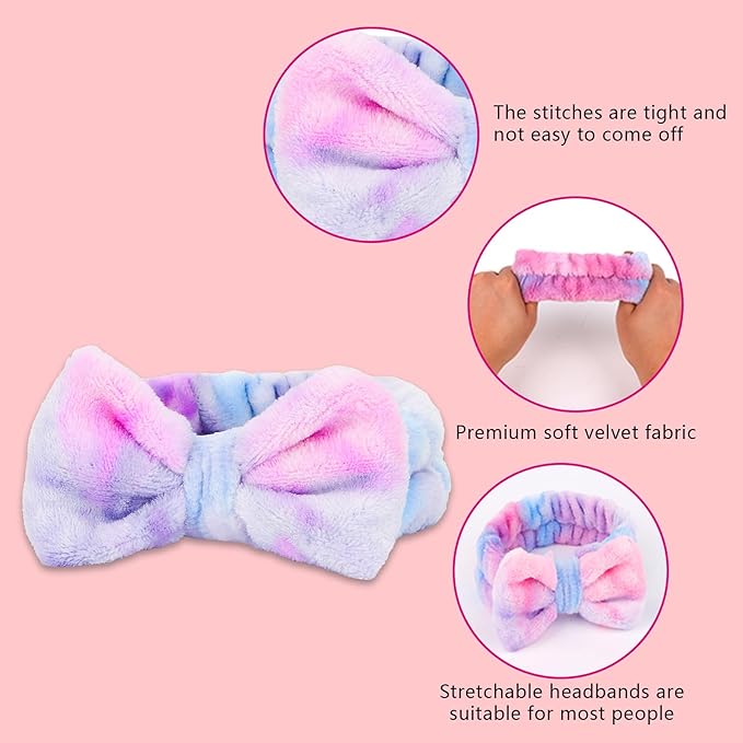Semato Spa Headband and Wristband Set Skin Care Headband Fluffy Bow Face Wash Headband Hair Accessories Bubble Sponge Spa Headband for Women and Girls (tie dye-purple)