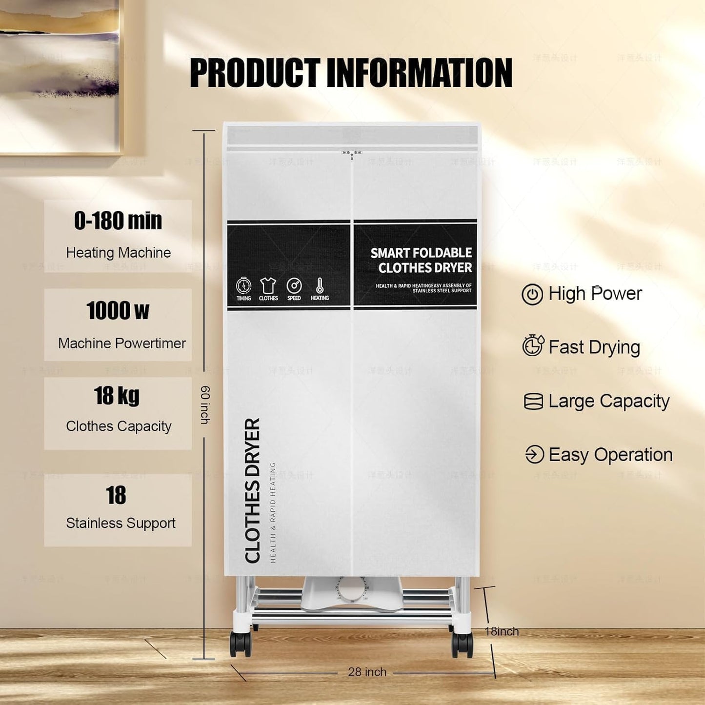 Clothes Dryer, Portable Drying Machine with Timer, 60inch Laundry Drying Wardrobe with Large Capacity, Electric Dryer/Rack for Home | Appartments (Grey NO3)