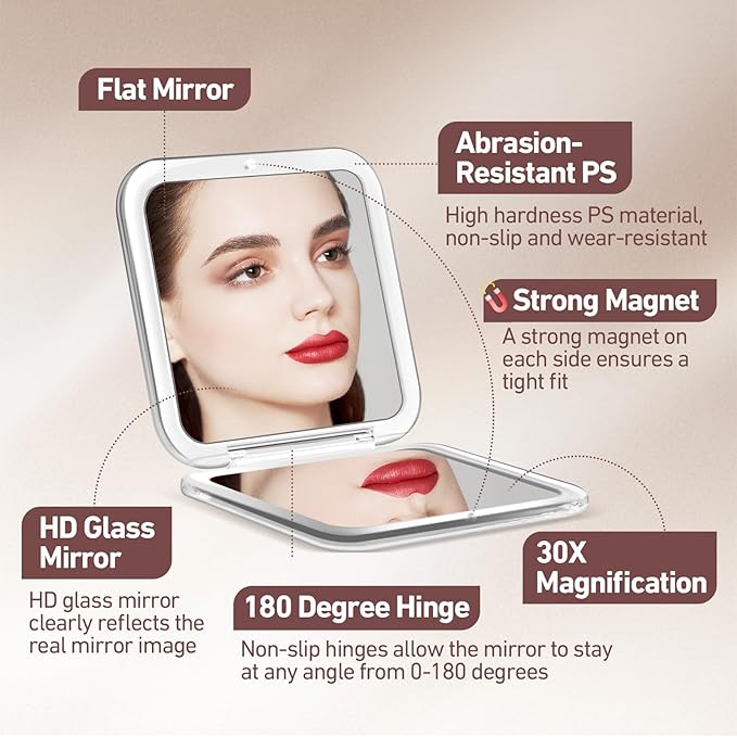 30X Magnifying Mirror, Compact Travel Mirror for Purse & Pocket, Double-Sided 1X/30X HD Makeup Mirror with Tweezers - Portable Mirror for Eyebrow Plucking, Daily Beauty & Travel Essentials, Rose