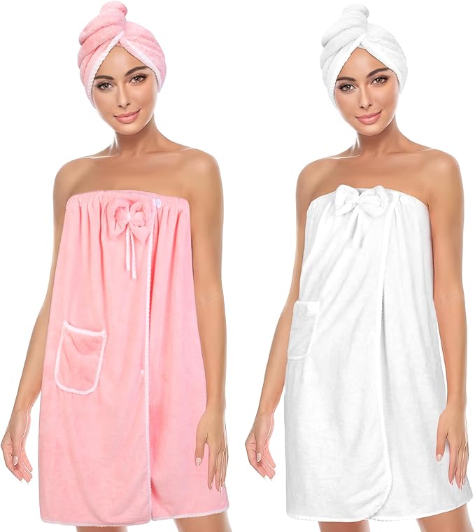 Towel Wrap Women Shower Robe Adjustable Closure Bathrobe with Hair Drying Towel & Spa Wraps