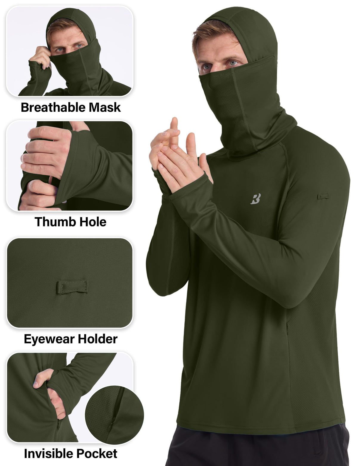 Roadbox Mens UPF 50+ Sun Protection Hoodie, Long Sleeve Fishing Shirt with Mask, Lightweight UV SPF Hooded for Hiking Running Dark Green