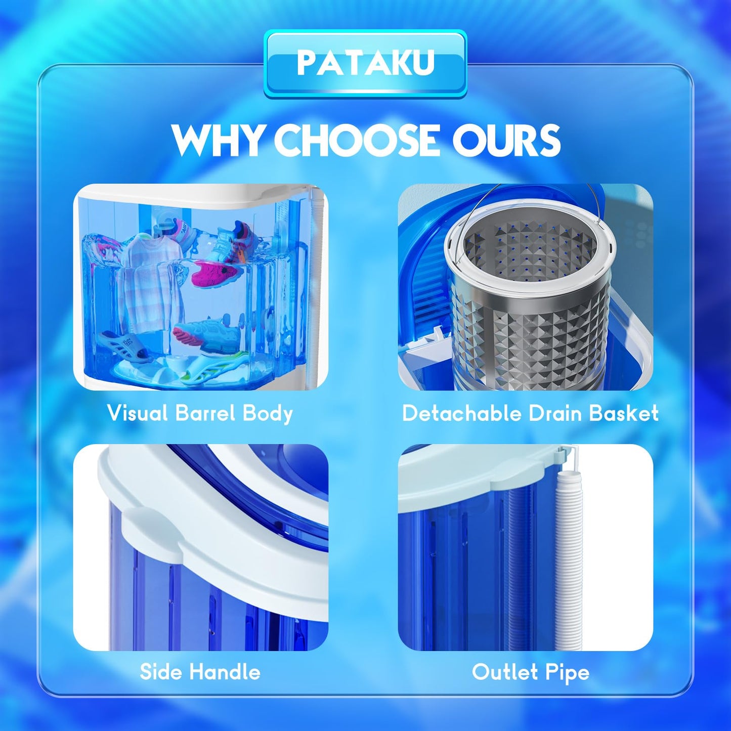 Pataku Portable Washing Machine, 16.7lbs Washer and Dryer with Shoe Brush 3 In 1, Single Tub Shoes Wash Machine and Spin Basket, Suitable for Dorms, Laundry, Apartments, Condos, RV