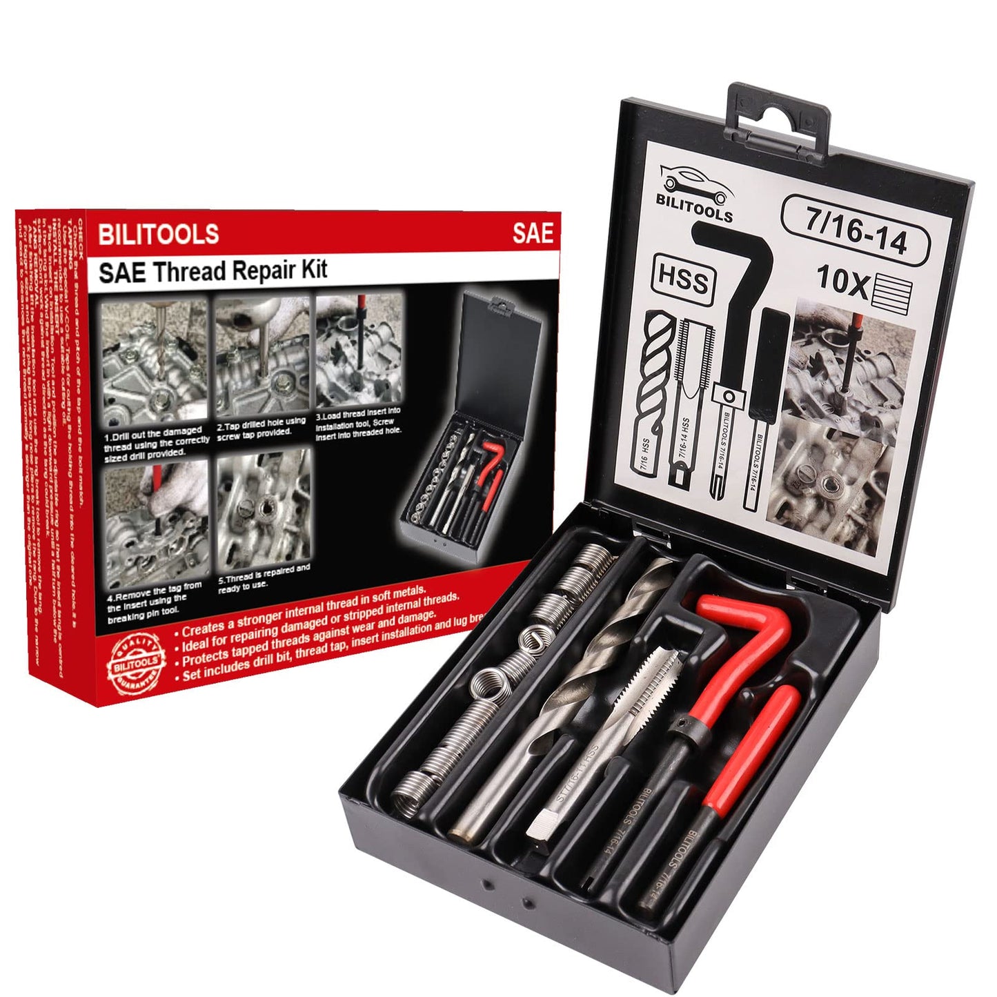BILITOOLS 7/16-14 inch Thread Repair Kit, HSS Drill Helicoil Repair Kit SAE