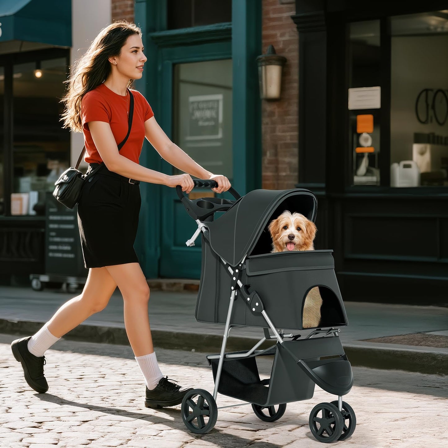 Pet Stroller for Small Dogs 10 lbs, Dog Stroller for Medium Dogs 30 lbs, Cat Strollers for 2 Cats, 3 Wheels Foldable Jogger Puppy Stroller with Storage Basket and Cup Holder, Carbon Black