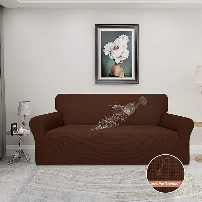 Easy-Going 100% Waterproof Couch Cover, Dual Waterproof Sofa Cover, Stretch Jacquard Sofa Slipcover, Leakproof Furniture Protector for Kids, Pets, Dog and Cat (Oversized Sofa, Coffee)
