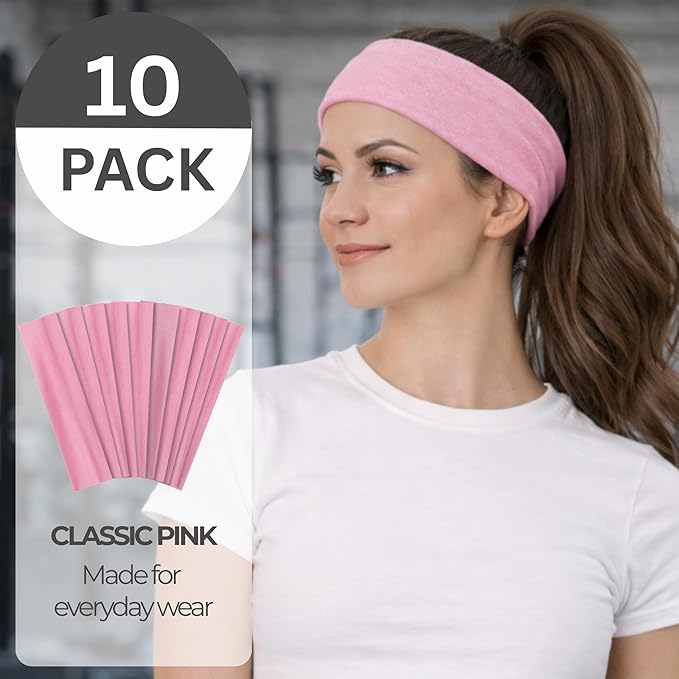 Styla Hair Headbands for Women Stretch Fashion Head Bands 10 Pack Non-Slip Head Wraps Great for Spa, Sports, Yoga, Pilates, Running, Gym Headband, Workouts (Pink)