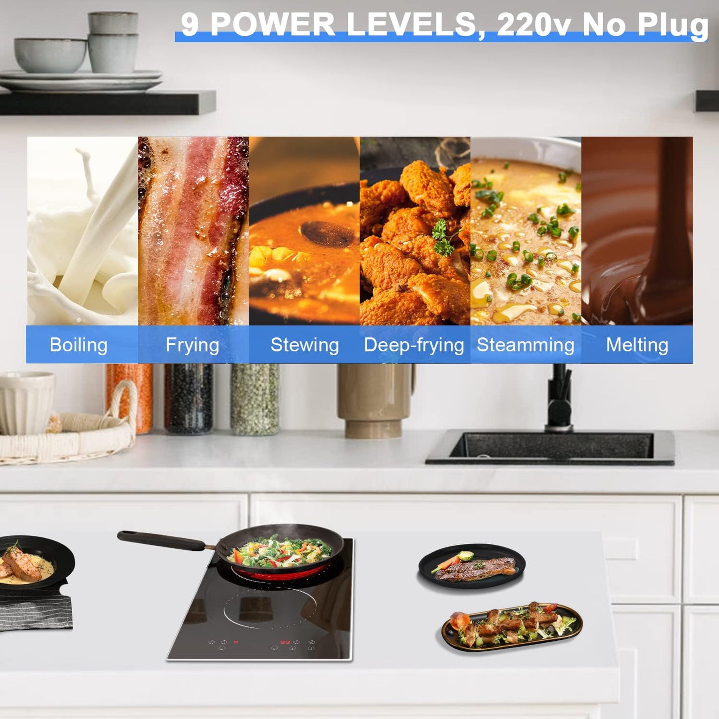 Hobsir hob 2 Burners Electric Cooktop, 12 inch Electric Stove Top Burner, Built-in Ceramic Stove with Touch Control, Timer, Safety Lock, 9 Power Levels 3200W, 220V-240V Hard Wire (No Plug)